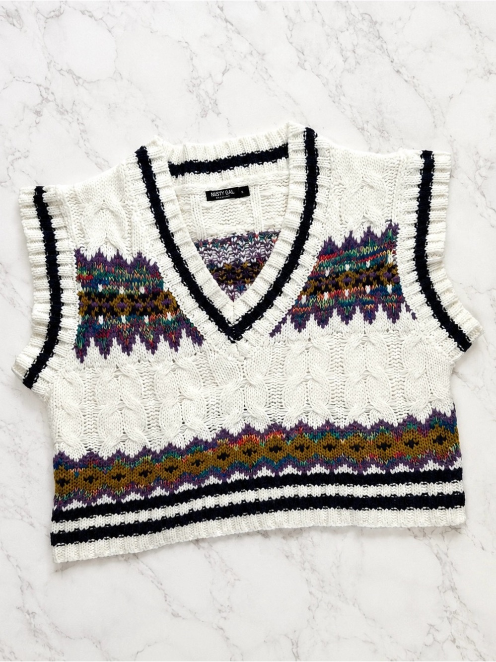 Nasty Gal White Cable Knit V-Neck Sweater Vest with Colorful Fair Isle